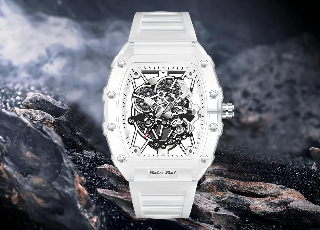 Fashion Hollowed Men Watches Tonneau Transparent Analog Display Silicone Strap Calendar Quartz Waterproof Trend Male Wrist Watch